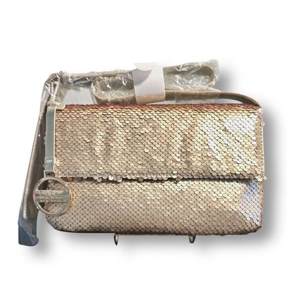 Nicole Miller NWT Gold Sequin Shoulder Bag Purse Shiny Strap Party Clutch Luxe - Picture 10 of 13